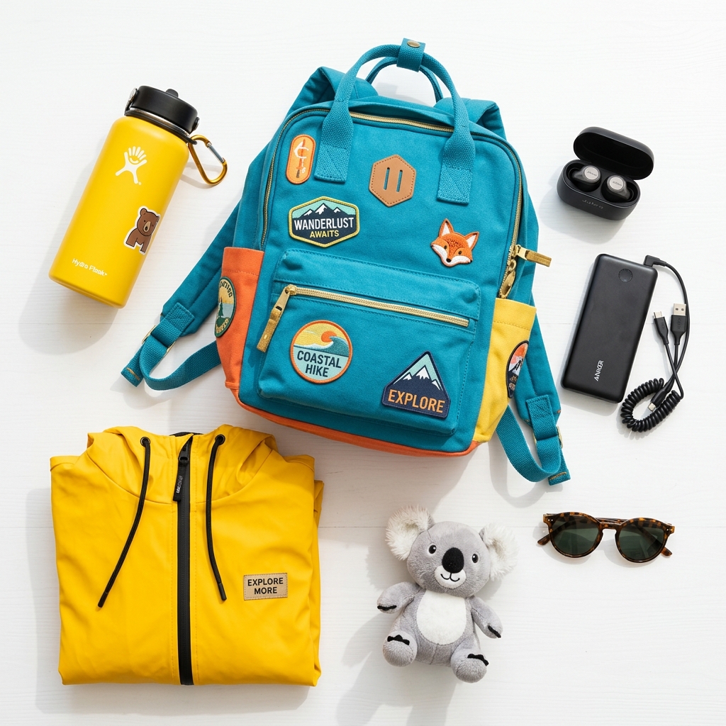 Composición de accesorios de viaje: mochila, botella de agua, chaqueta, auriculares y cargador