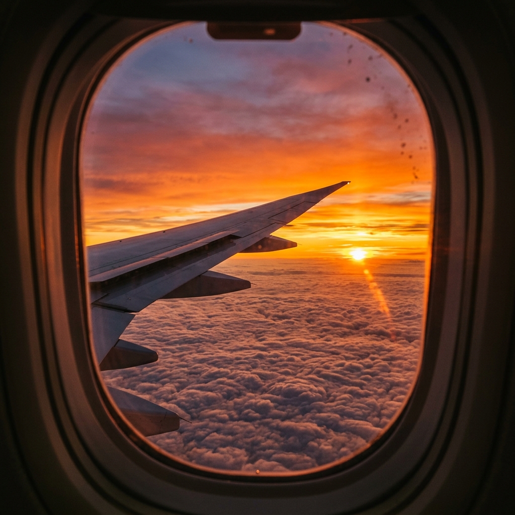 Vista desde la ventana de un avión mostrando el ala y un amanecer sobre las nubes