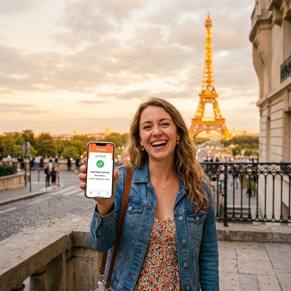 Mujer sonriente en París sosteniendo un teléfono con la app de Holafly, torre Eiffel de fondo